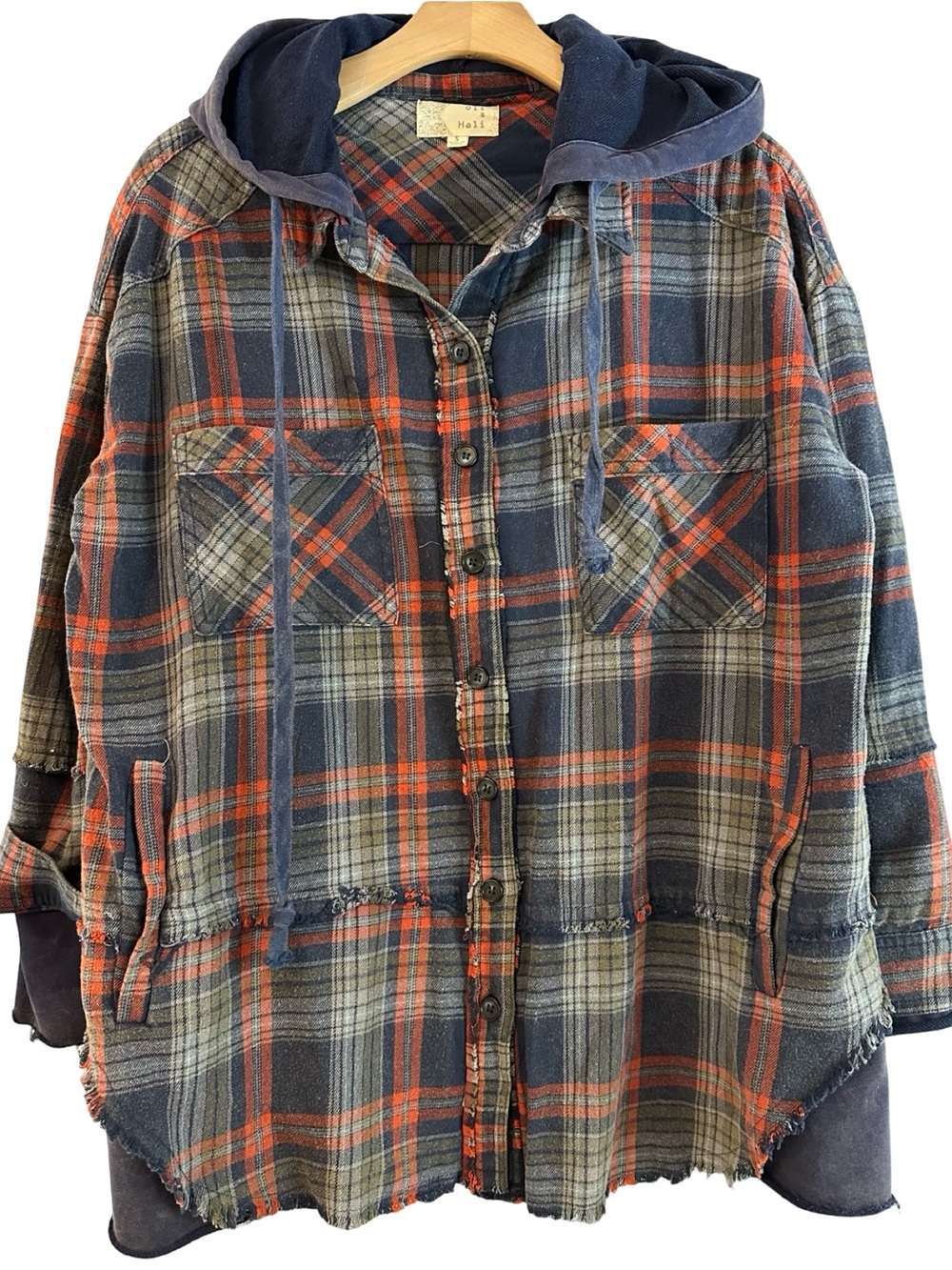 Oli & Hali Women’s Size S Navy Blue Red Flannel Plaid Button Down Hoodie Shirt